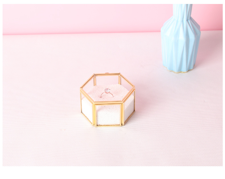 Ring Box Transparent Mini Six-Sided Ring Box Copper Bar Glass Jewelry Storage Box Wedding Hand Holding Couple Rings Box