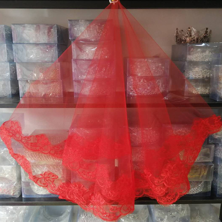 Factory Direct Supply Bride Cheap Veil Single Layer Lace Embroidery 1.5 Mignon Maimai Secret Net Wedding Gift Red Veil