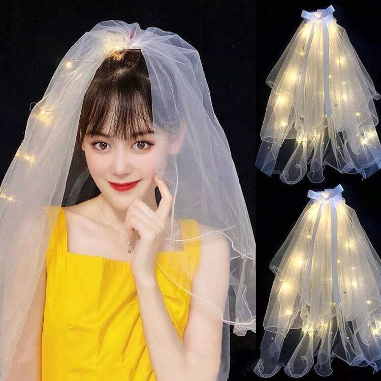 Wedding Veil Veil Light-Emitting Double-Layer Super Fairy New Bow Double-Layer Ribbon Bow Veil Headwear with Light