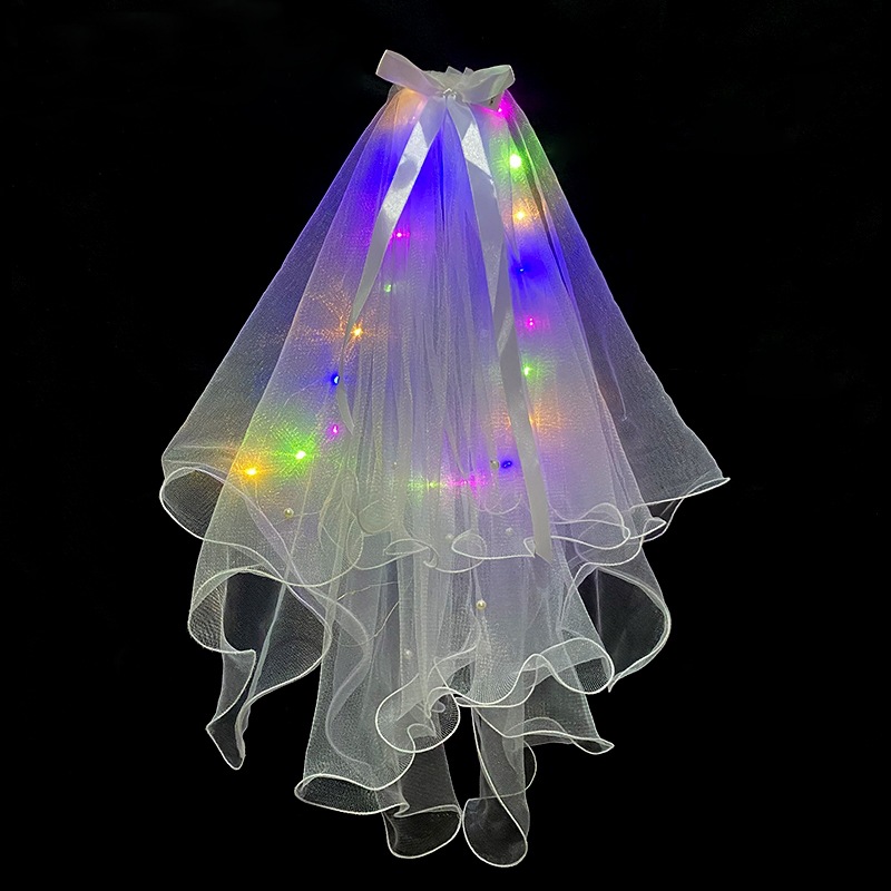 Wedding Veil Veil Light-Emitting Double-Layer Super Fairy New Bow Double-Layer Ribbon Bow Veil Headwear with Light