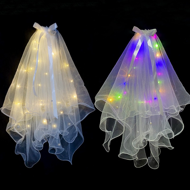 Wedding Veil Veil Light-Emitting Double-Layer Super Fairy New Bow Double-Layer Ribbon Bow Veil Headwear with Light