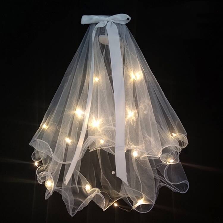 Wedding Veil Veil Light-Emitting Double-Layer Super Fairy New Bow Double-Layer Ribbon Bow Veil Headwear with Light