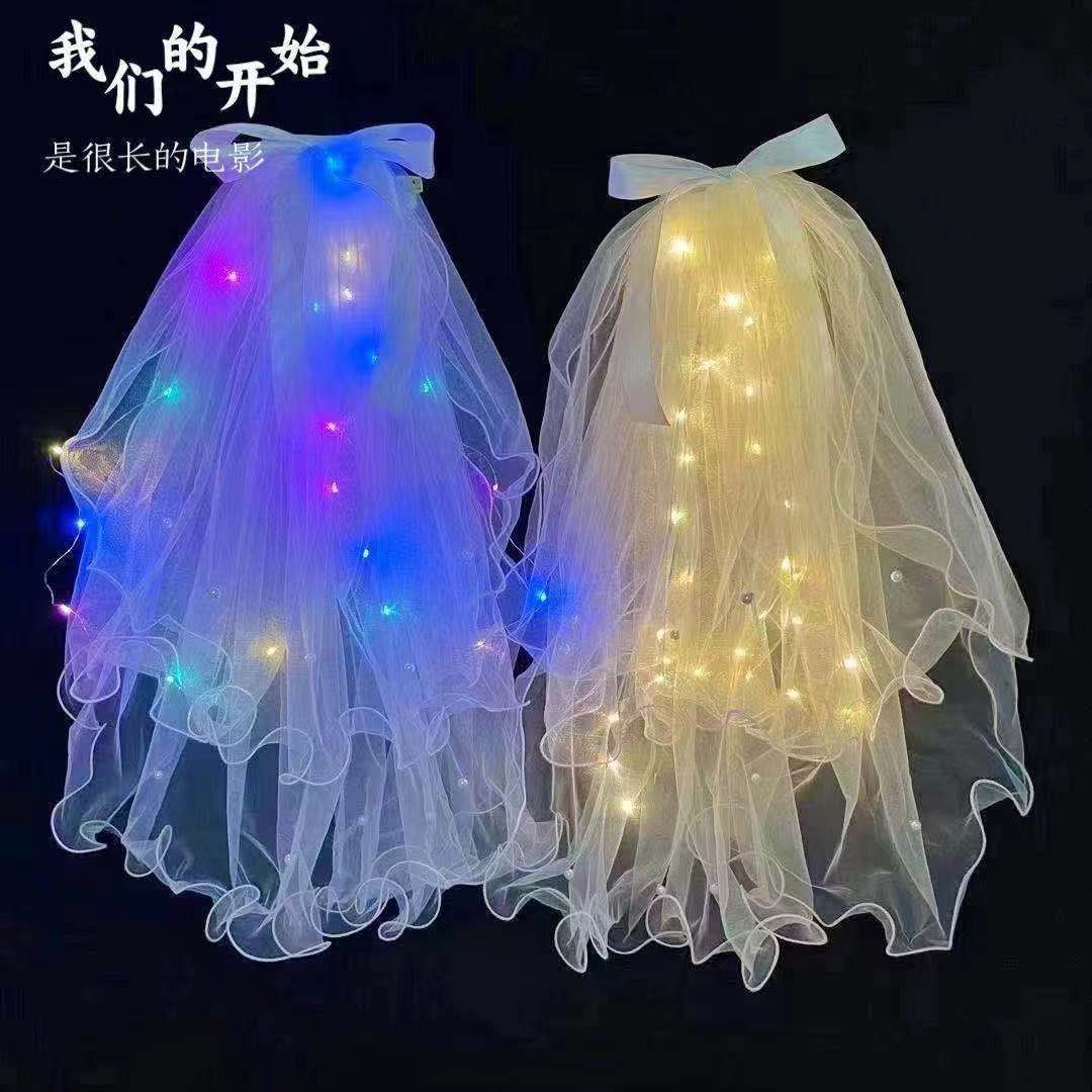 Tik Tok Online Sensation Luminous Veil Double-Layer Colored Light Pearl Veil Wedding Veil