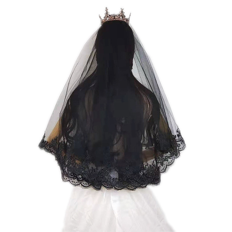Halloween Headdress European and American Wedding Clothes Cos Party Photo Hair Styling Dark Black Veil Lace Veil