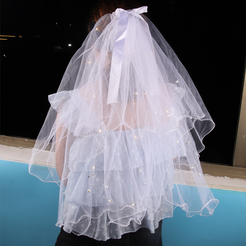 Luminous Veil Beautiful White Women&#039;s Veil Veil New Bow Double-Layer Wedding Veil