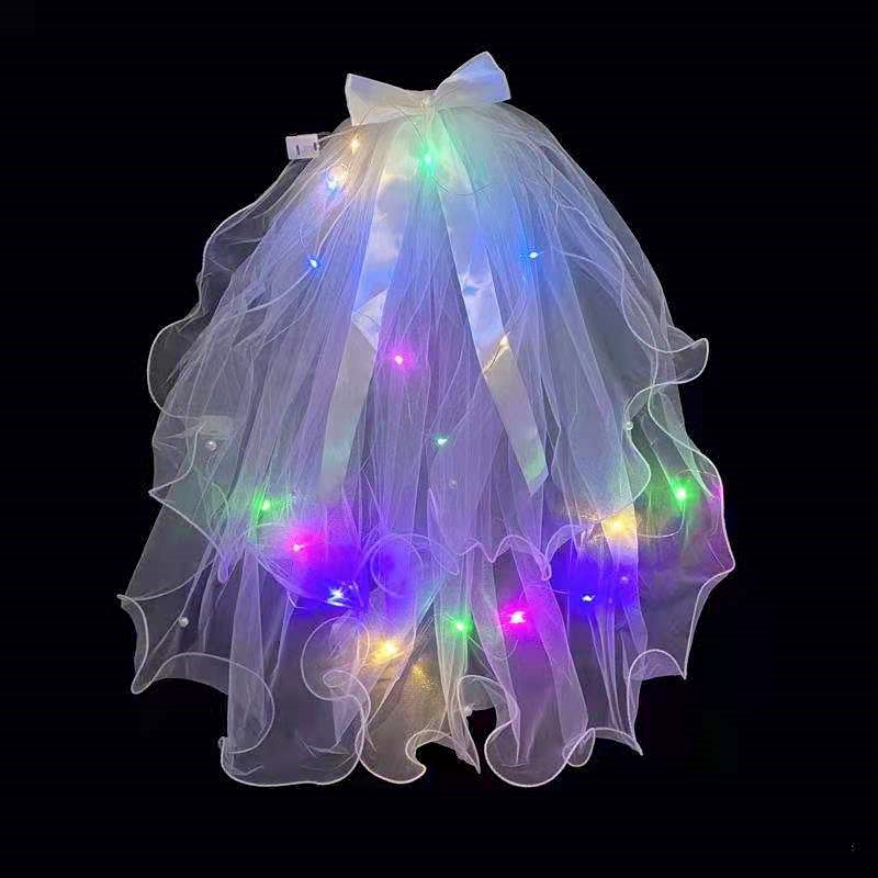 Veil Light-Emitting Double-Layer Super Fairy New Bow Double-Layer Ribbon Bow Veil Headwear with Light Wedding Veil