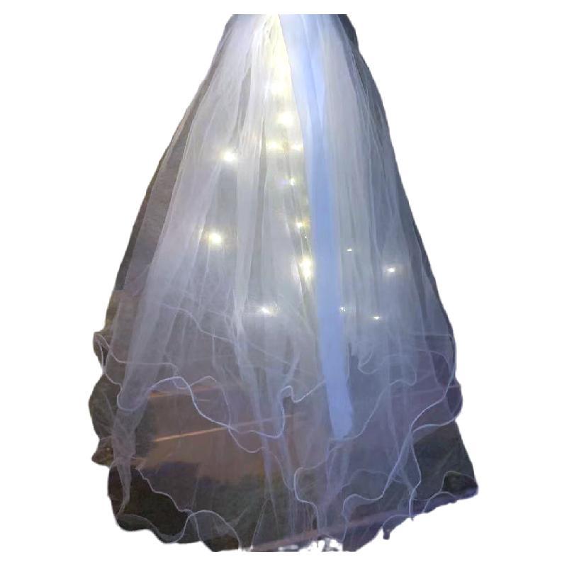 Veil Light-Emitting Double-Layer Super Fairy New Bow Double-Layer Ribbon Bow Veil Headwear with Light Wedding Veil