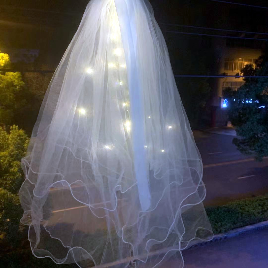 Veil Light-Emitting Double-Layer Super Fairy New Bow Double-Layer Ribbon Bow Veil Headwear with Light Wedding Veil