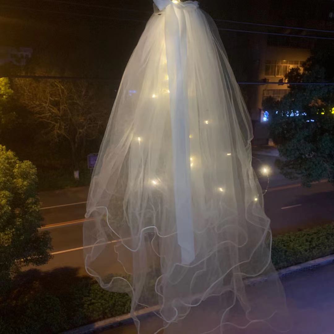 Veil Light-Emitting Double-Layer Super Fairy New Bow Double-Layer Ribbon Bow Veil Headwear with Light Wedding Veil