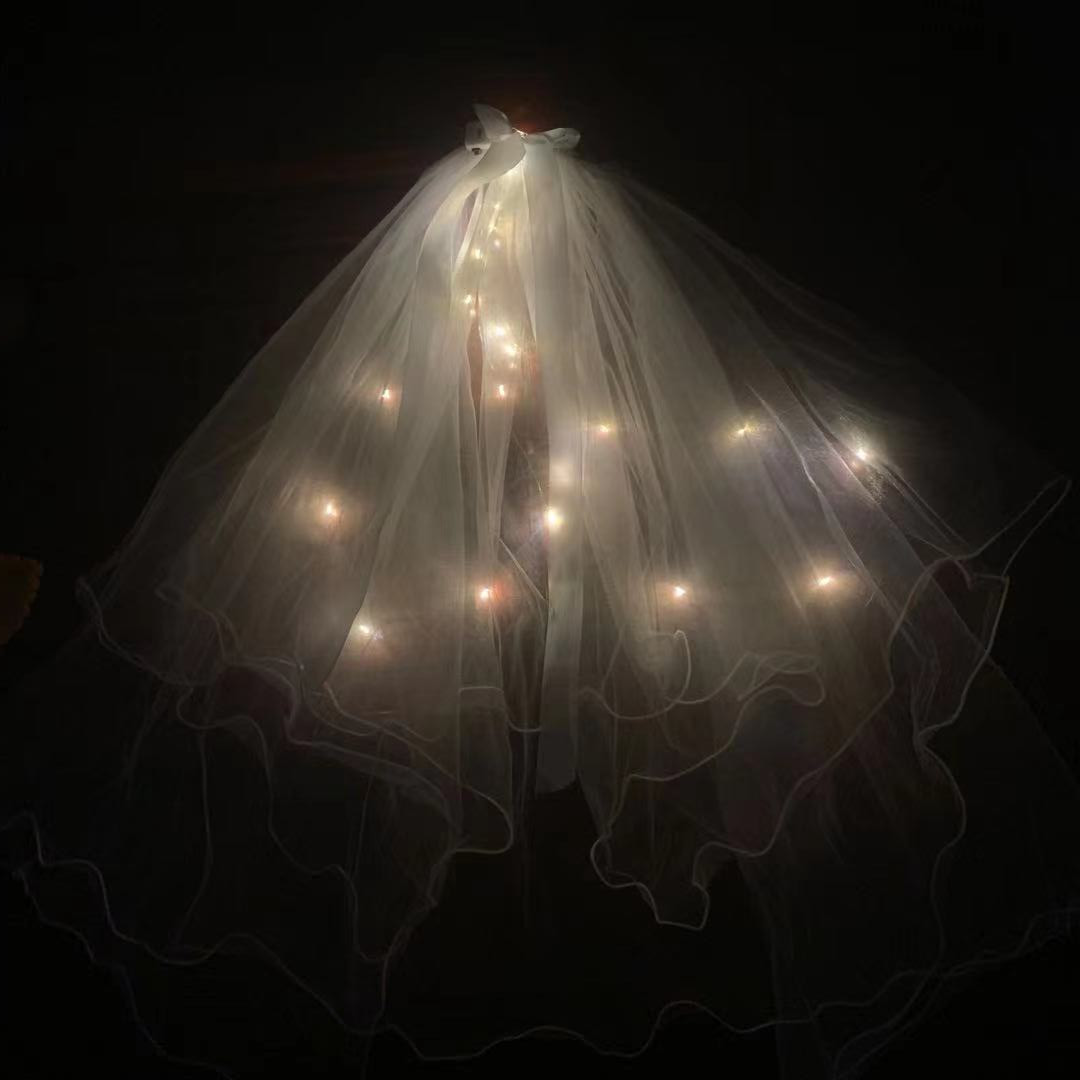 Veil Light-Emitting Double-Layer Super Fairy New Bow Double-Layer Ribbon Bow Veil Headwear with Light Wedding Veil