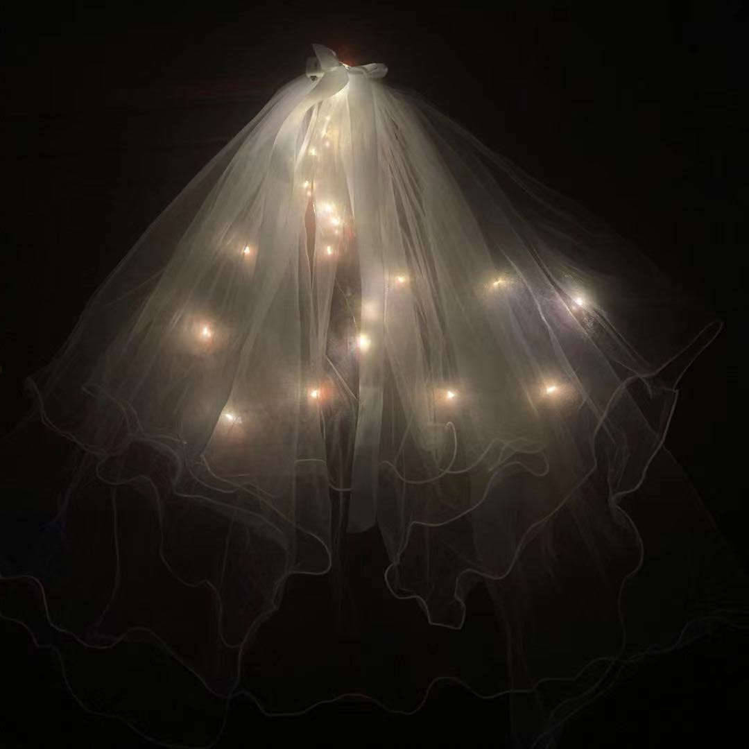 Veil Light-Emitting Double-Layer Super Fairy New Bow Double-Layer Ribbon Bow Veil Headwear with Light Wedding Veil