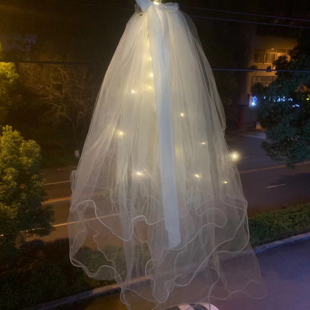 Veil Light-Emitting Double-Layer Super Fairy New Bow Double-Layer Ribbon Bow Veil Headwear with Light Wedding Veil