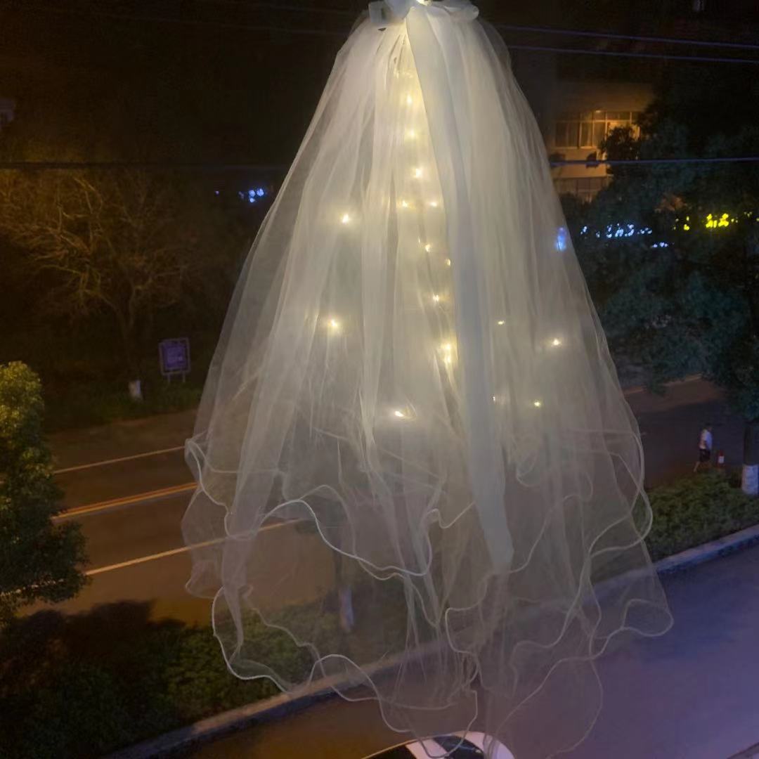 Veil Light-Emitting Double-Layer Super Fairy New Bow Double-Layer Ribbon Bow Veil Headwear with Light Wedding Veil