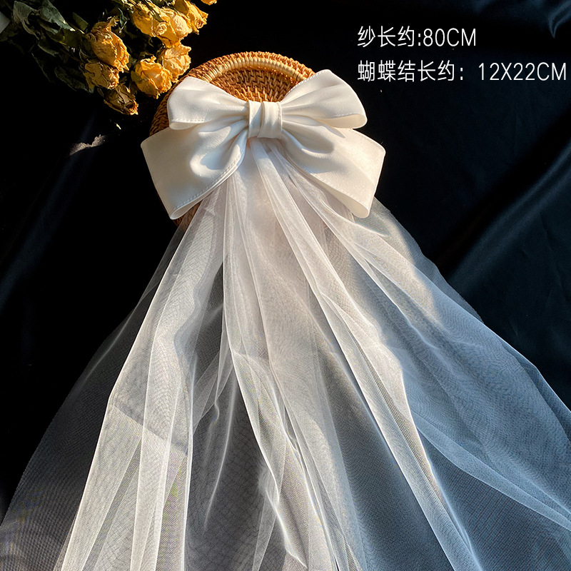 2021 New Bow Veil Super Fairy Wedding Trip Shoot Photo White Satin Mesh Barrettes Bridal  HAIR rabar