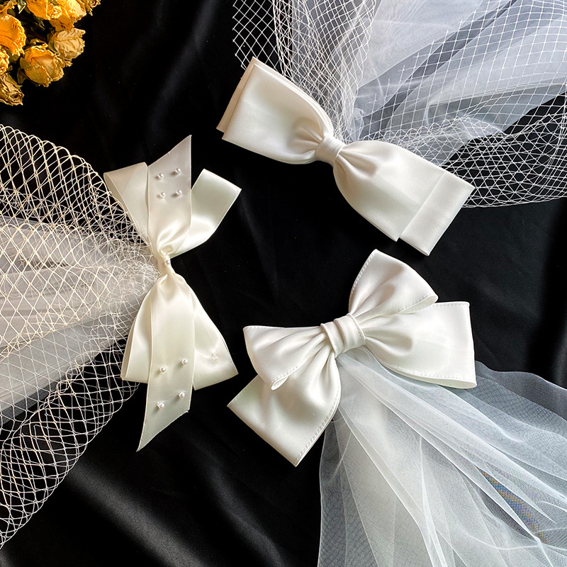 2021 New Bow Veil Super Fairy Wedding Trip Shoot Photo White Satin Mesh Barrettes Bridal  HAIR rabar