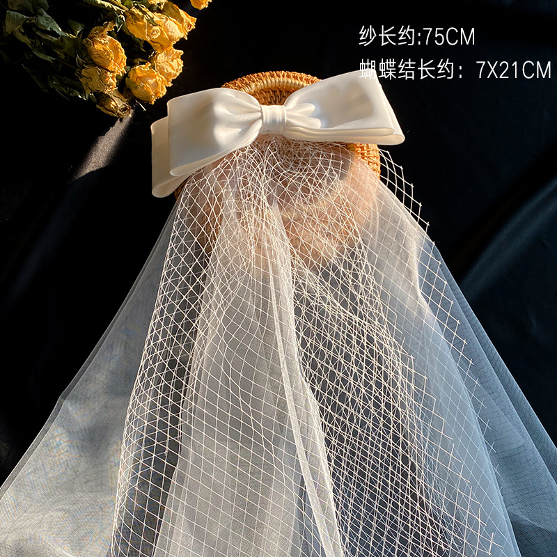 2021 New Bow Veil Super Fairy Wedding Trip Shoot Photo White Satin Mesh Barrettes Bridal  HAIR rabar