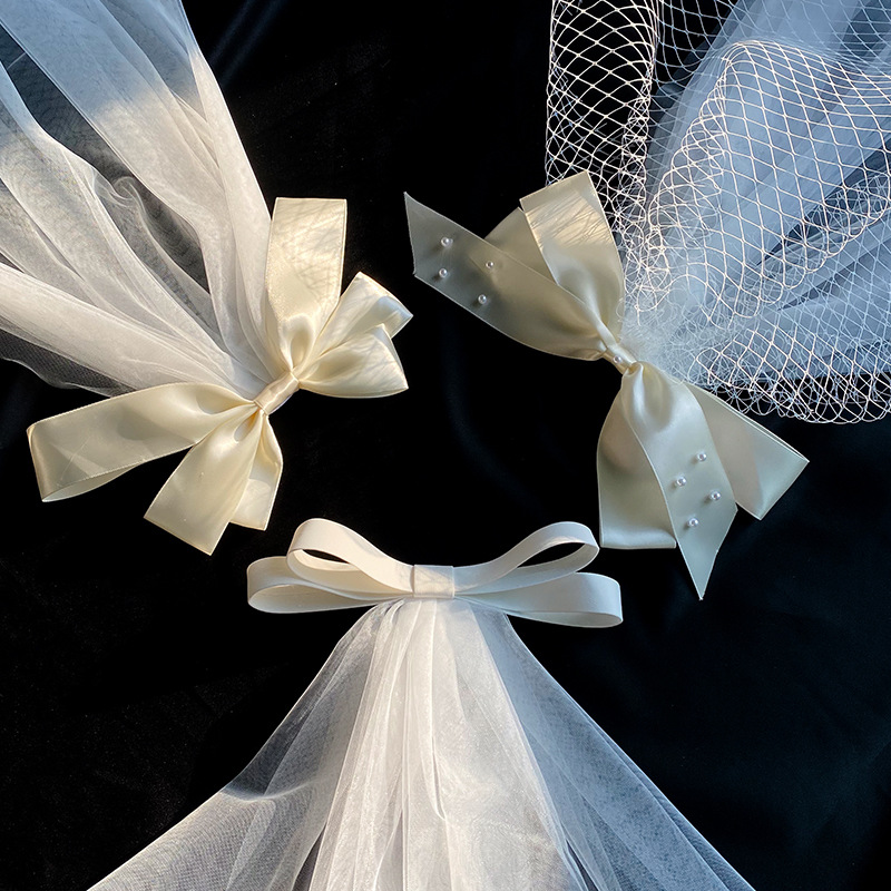 2021 New Bow Veil Super Fairy Wedding Trip Shoot Photo White Satin Mesh Barrettes Bridal  HAIR rabar