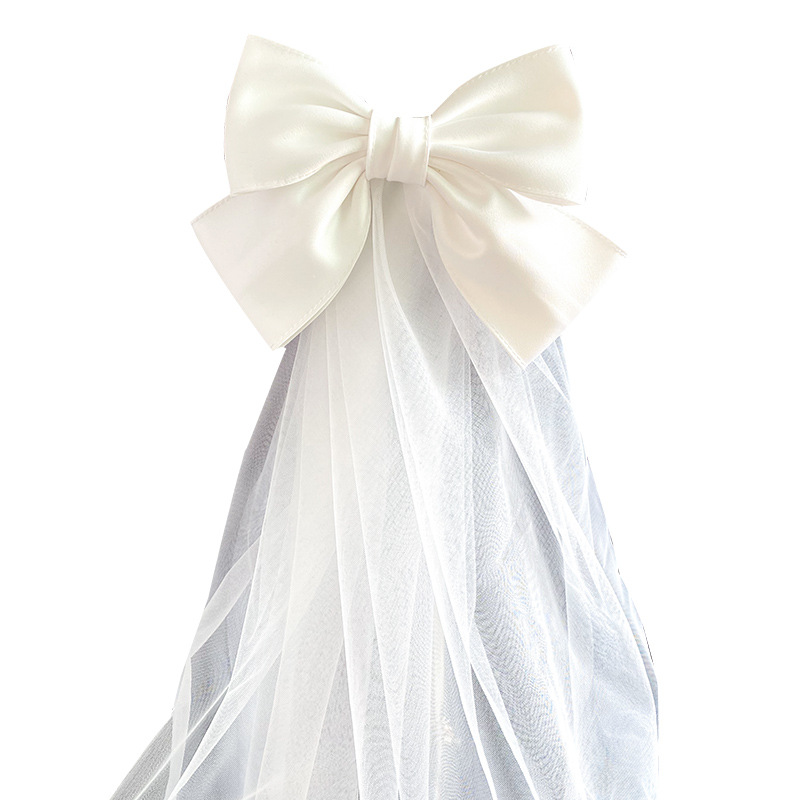 2021 New Bow Veil Super Fairy Wedding Trip Shoot Photo White Satin Mesh Barrettes Bridal  HAIR rabar