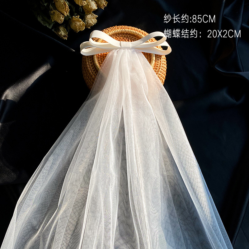 2021 New Bow Veil Super Fairy Wedding Trip Shoot Photo White Satin Mesh Barrettes Bridal  HAIR rabar