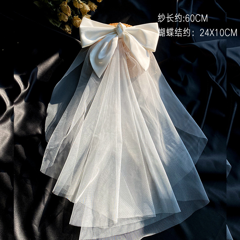 2021 New Bow Veil Super Fairy Wedding Trip Shoot Photo White Satin Mesh Barrettes Bridal  HAIR rabar