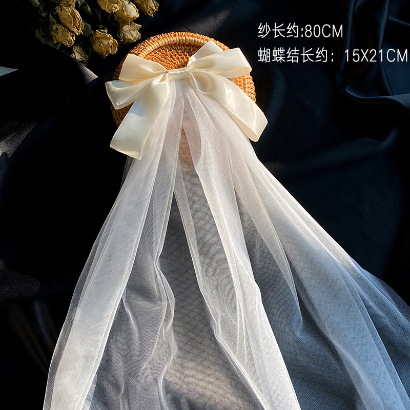 2021 New Bow Veil Super Fairy Wedding Trip Shoot Photo White Satin Mesh Barrettes Bridal  HAIR rabar