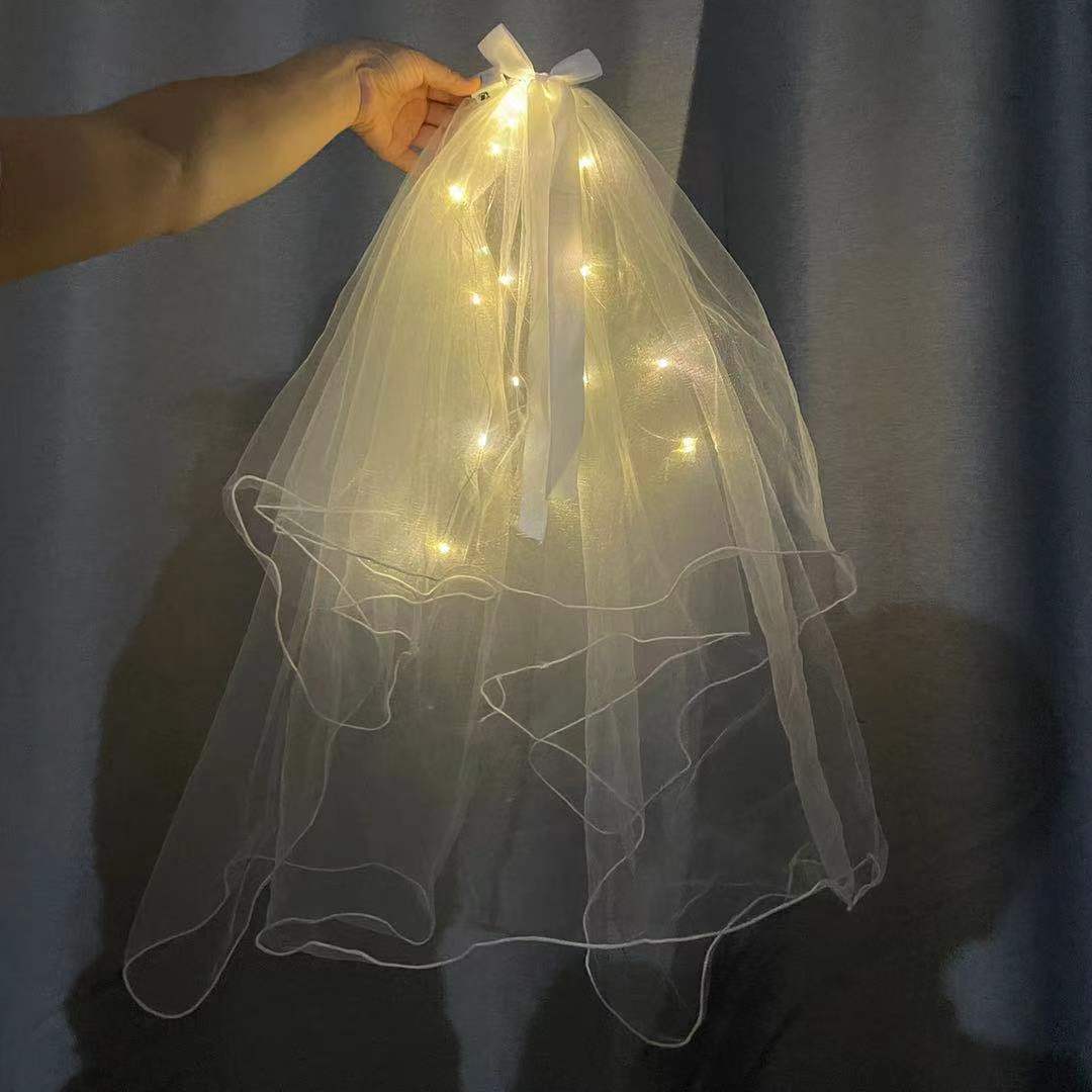 Luminous Internet Celebrity Veil Double-Layer Super Fairy New Bow Pearl Wedding Veil Luminous Internet Celebrity Veil Double-Layer Super Fairy New Bow Pearl Wedding Veil