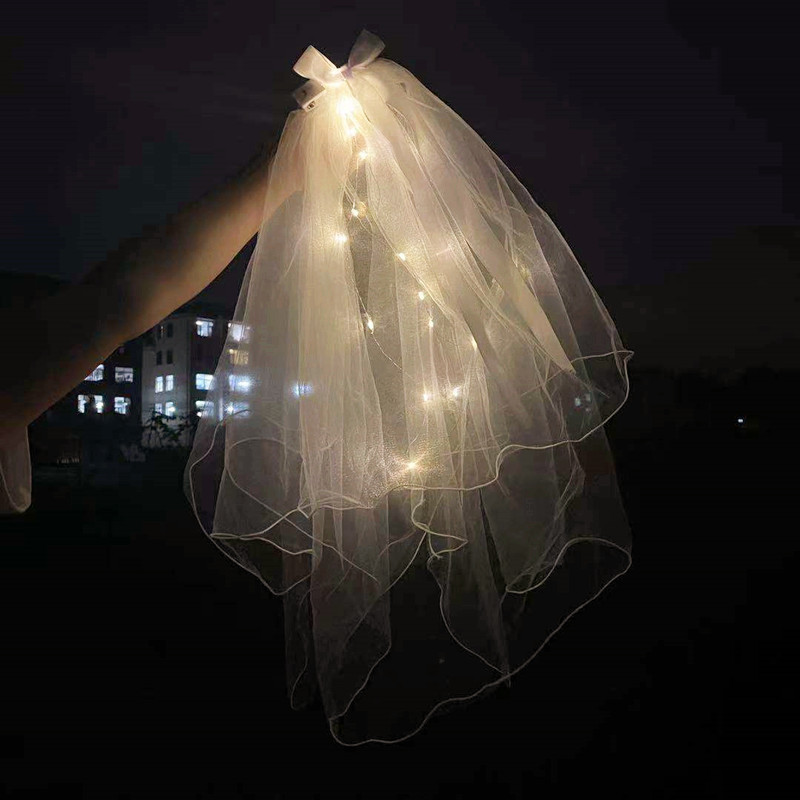 Luminous Internet Celebrity Veil Double-Layer Super Fairy New Bow Pearl Wedding Veil Luminous Internet Celebrity Veil Double-Layer Super Fairy New Bow Pearl Wedding Veil