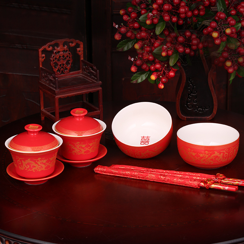 Marriage bowl chopsticks set meal newlyweds to worship teacup bowl wedding wedding wholesale wedding supplies