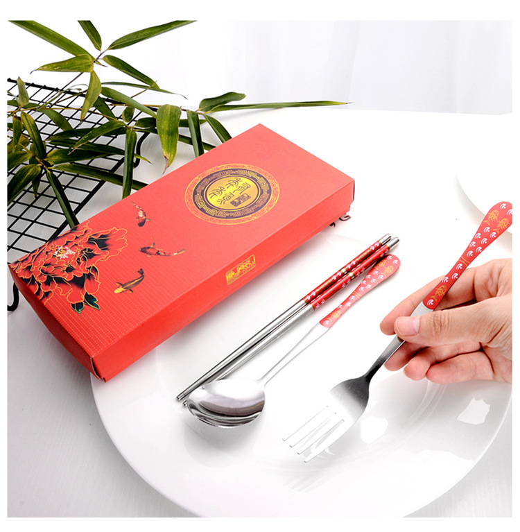 Wedding Favors Stainless Steel Tableware Three-Piece Portable Tableware Set (Chopsticks + Spoon + Fork)