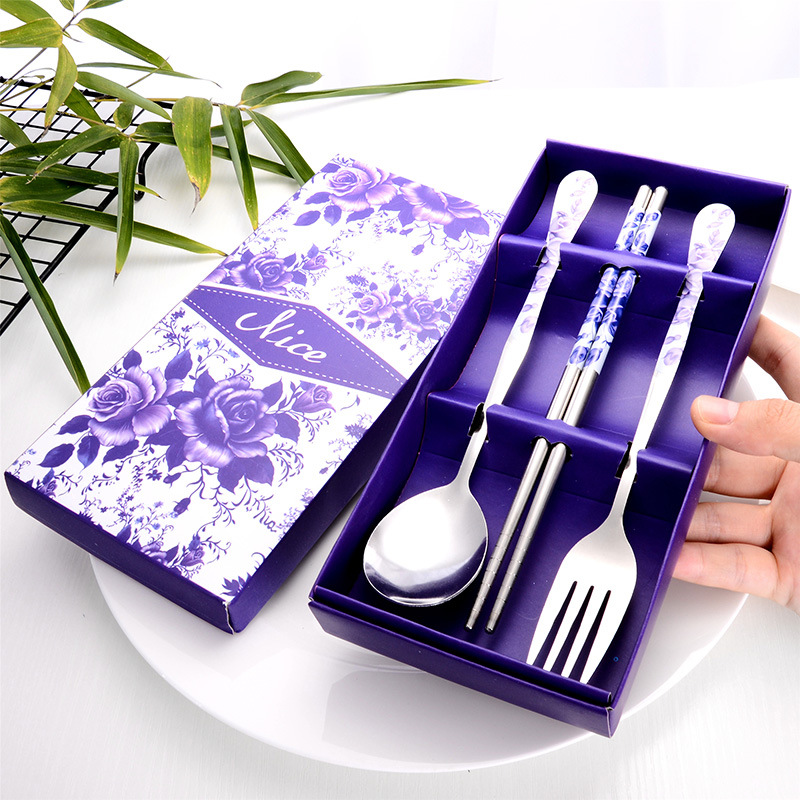 Wedding Favors Stainless Steel Tableware Three-Piece Portable Tableware Set (Chopsticks + Spoon + Fork)