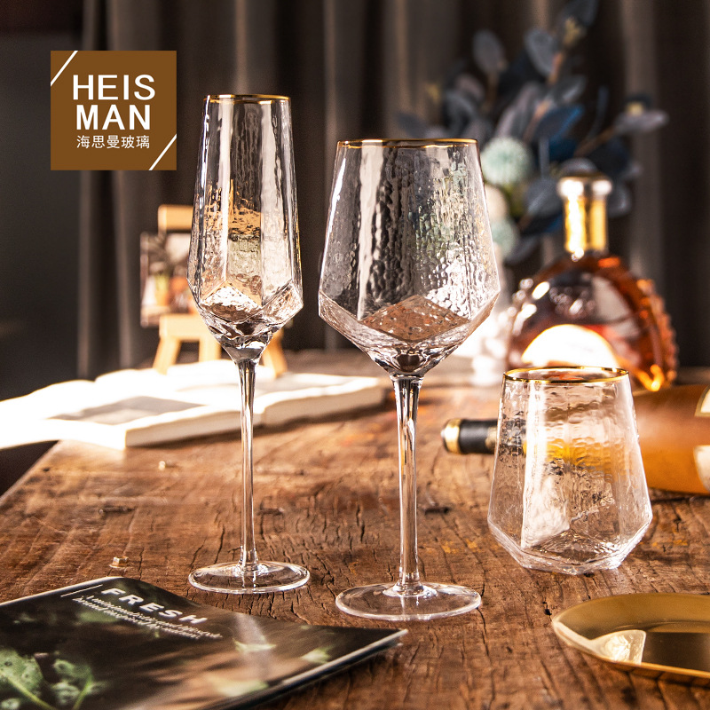 Light Luxury Diamond Hammered Goblet Lead-Free Crystal Red Wine Glass Ins Colorful Champagne Glass Water Ripple Wine Glass Wholesale