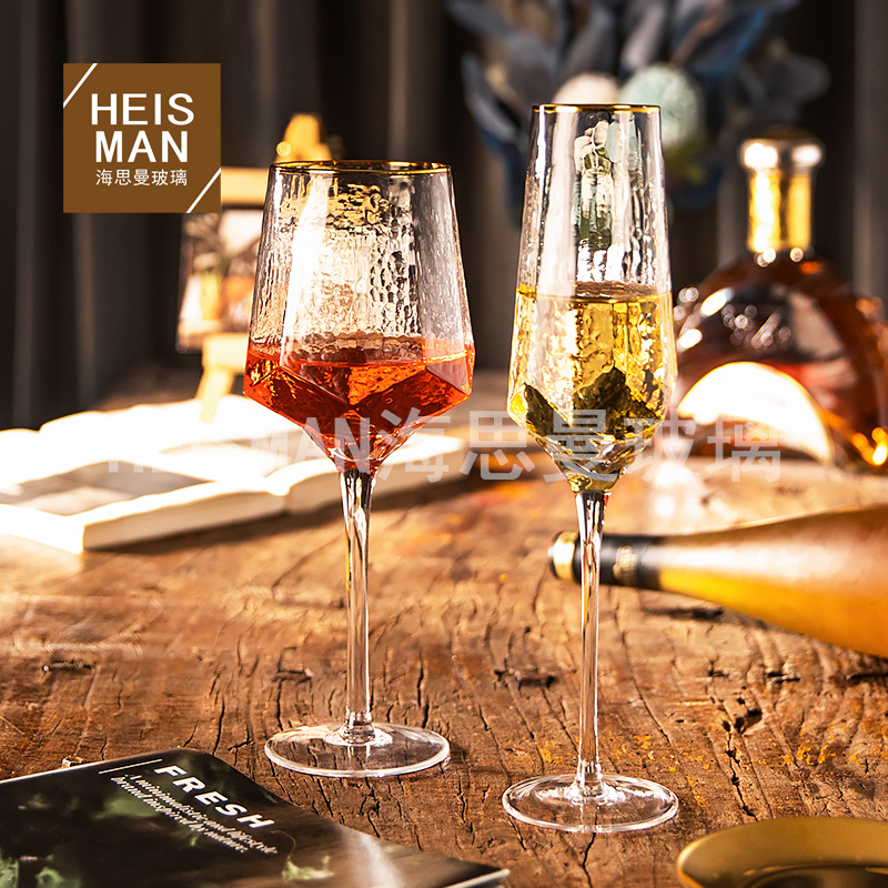 Light Luxury Diamond Hammered Goblet Lead-Free Crystal Red Wine Glass Ins Colorful Champagne Glass Water Ripple Wine Glass Wholesale