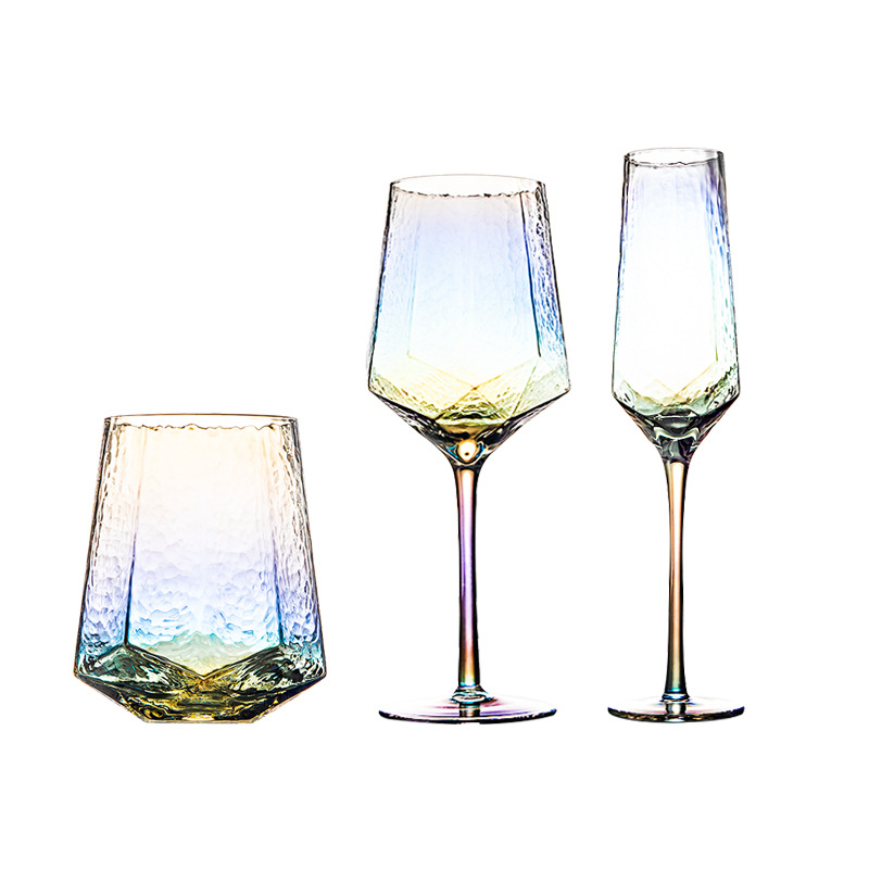 Light Luxury Diamond Hammered Goblet Lead-Free Crystal Red Wine Glass Ins Colorful Champagne Glass Water Ripple Wine Glass Wholesale