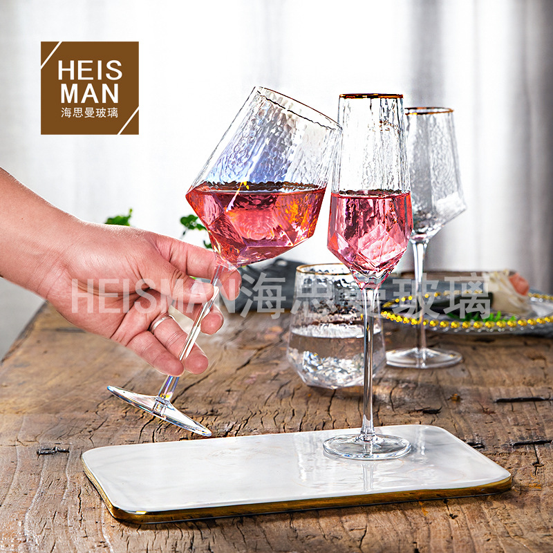 Light Luxury Diamond Hammered Goblet Lead-Free Crystal Red Wine Glass Ins Colorful Champagne Glass Water Ripple Wine Glass Wholesale