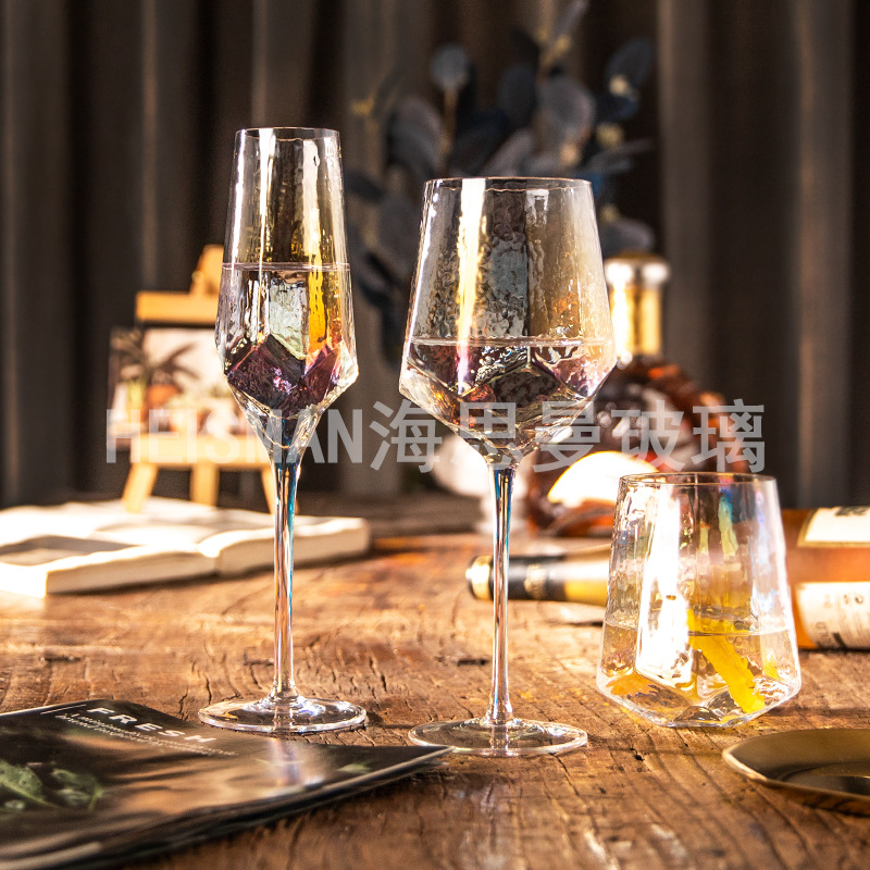 Light Luxury Diamond Hammered Goblet Lead-Free Crystal Red Wine Glass Ins Colorful Champagne Glass Water Ripple Wine Glass Wholesale