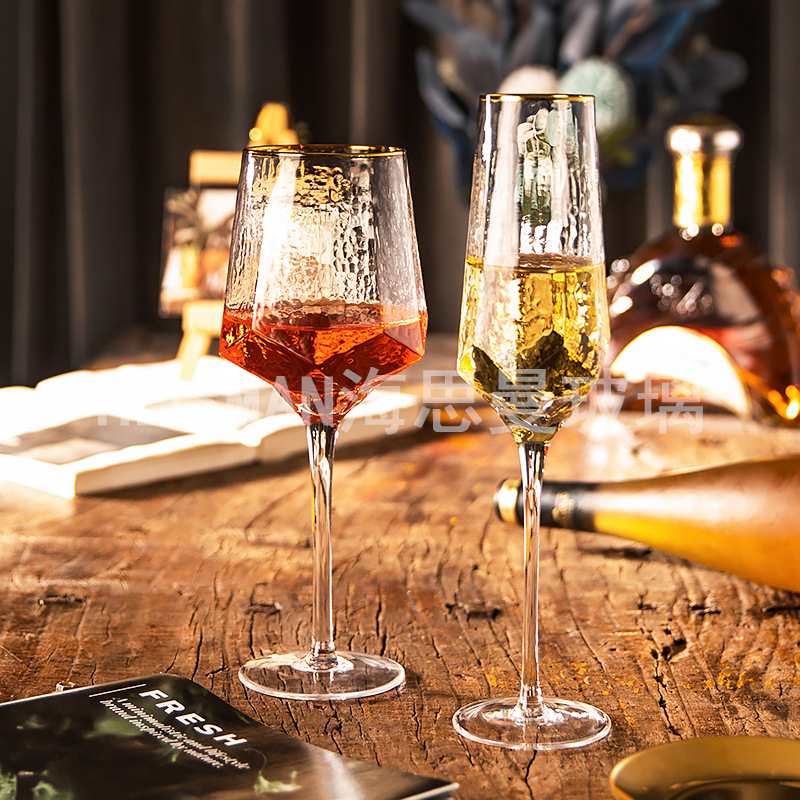 Light Luxury Diamond Hammered Goblet Lead-Free Crystal Red Wine Glass Ins Colorful Champagne Glass Water Ripple Wine Glass Wholesale