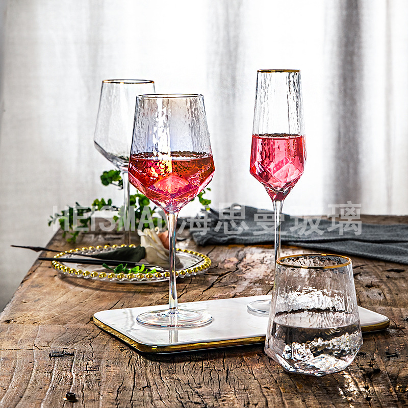 Light Luxury Diamond Hammered Goblet Lead-Free Crystal Red Wine Glass Ins Colorful Champagne Glass Water Ripple Wine Glass Wholesale