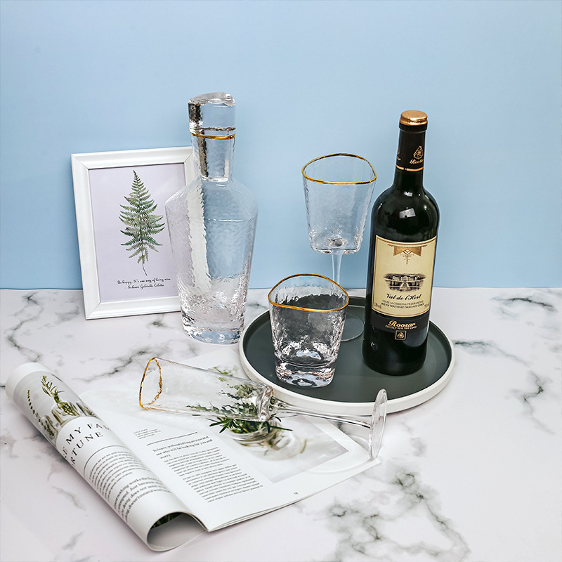 Creative Household Glass Japanese Style Hammer Pattern Gold Rim Juice Cup Cold Drink Cup Transparent High Temperature Resistant Champagne Glass
