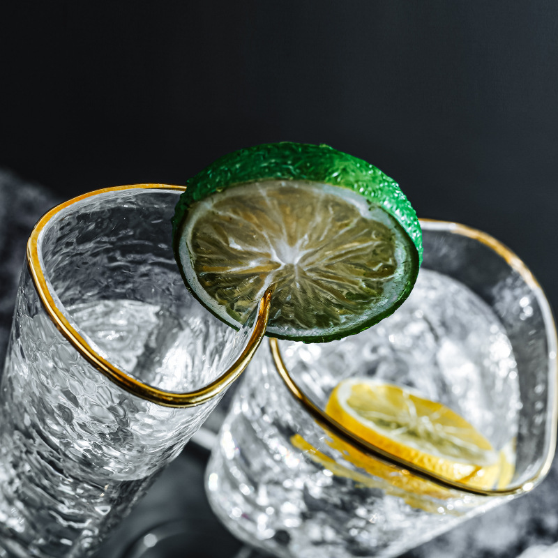 Creative Household Glass Japanese Style Hammer Pattern Gold Rim Juice Cup Cold Drink Cup Transparent High Temperature Resistant Champagne Glass