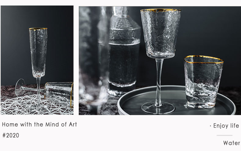 Creative Household Glass Japanese Style Hammer Pattern Gold Rim Juice Cup Cold Drink Cup Transparent High Temperature Resistant Champagne Glass