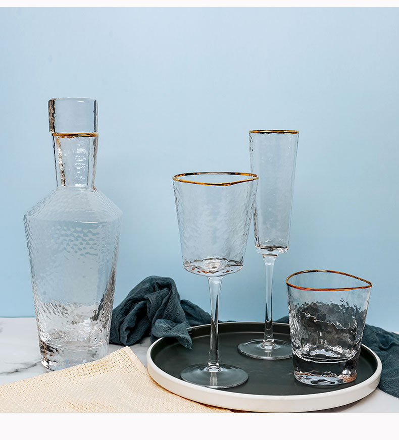 Creative Household Glass Japanese Style Hammer Pattern Gold Rim Juice Cup Cold Drink Cup Transparent High Temperature Resistant Champagne Glass