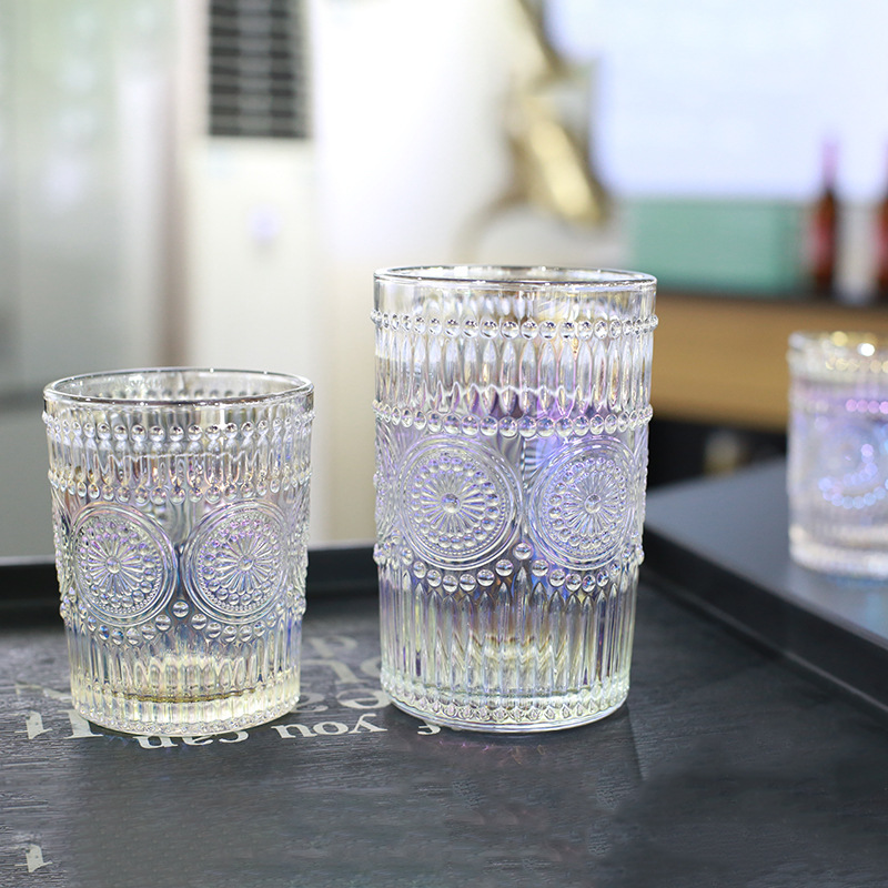 European Ins Vintage Embossed Phnom Penh Glass Taiyanghua Glass Household Juice Milk Drink Glass Champagne Glass