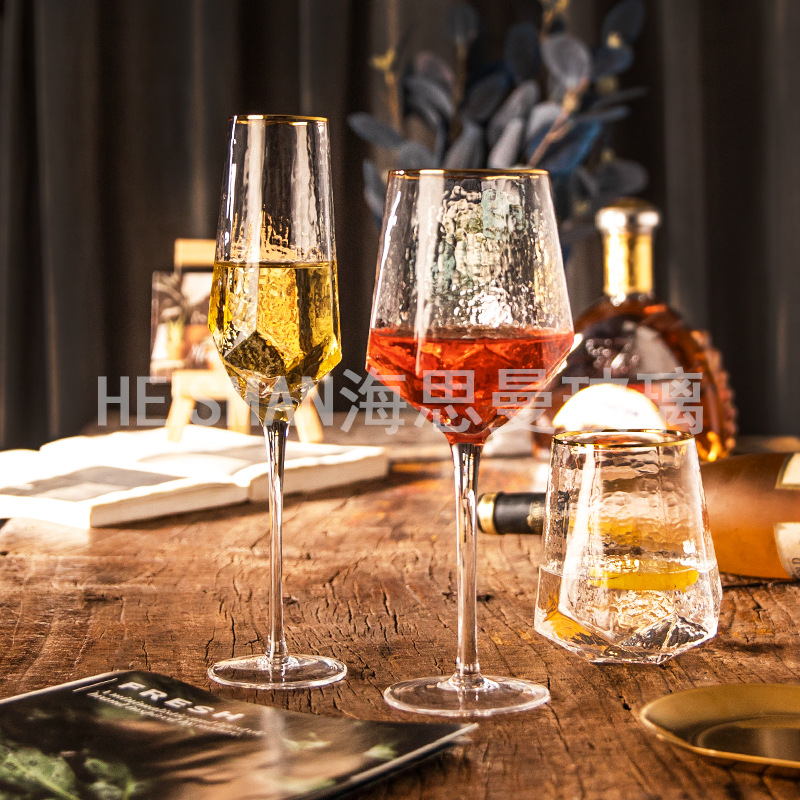 Light Luxury Diamond Hammered Goblet Lead-Free Crystal Red Wine Glass Ins Colorful Champagne Glass Water Ripple Wine Glass Wholesale