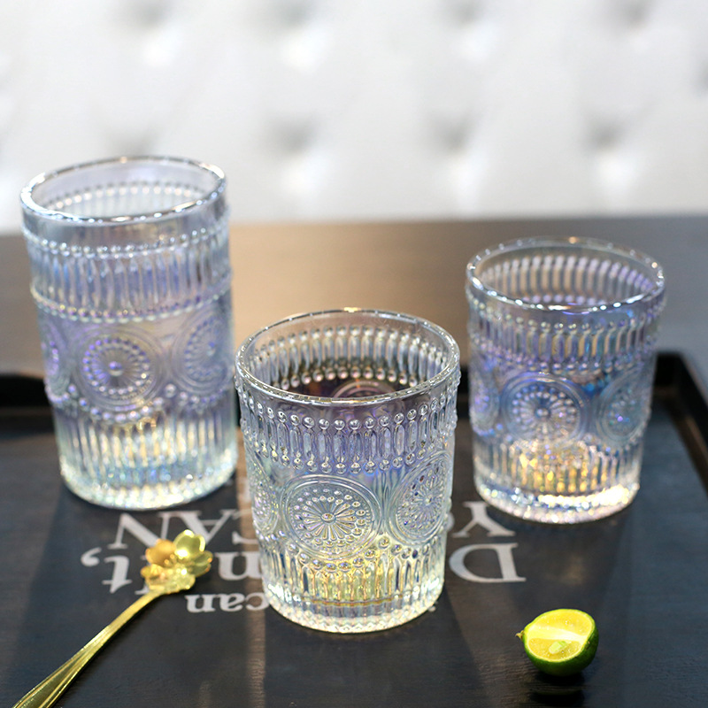 European Ins Vintage Embossed Phnom Penh Glass Taiyanghua Glass Household Juice Milk Drink Glass Champagne Glass