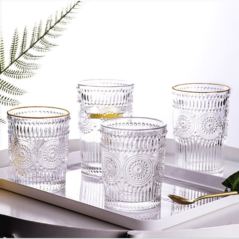 European Ins Vintage Embossed Phnom Penh Glass Taiyanghua Glass Household Juice Milk Drink Glass Champagne Glass