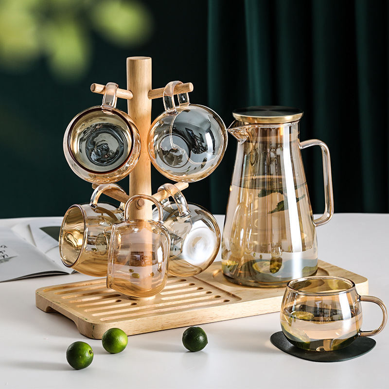 Home Living Room Drinking Ware Cup Set Cold Water Light Luxury Champagne Heat-Resistant Glass Pot with Bamboo Tray