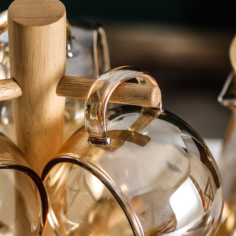 Home Living Room Drinking Ware Cup Set Cold Water Light Luxury Champagne Heat-Resistant Glass Pot with Bamboo Tray