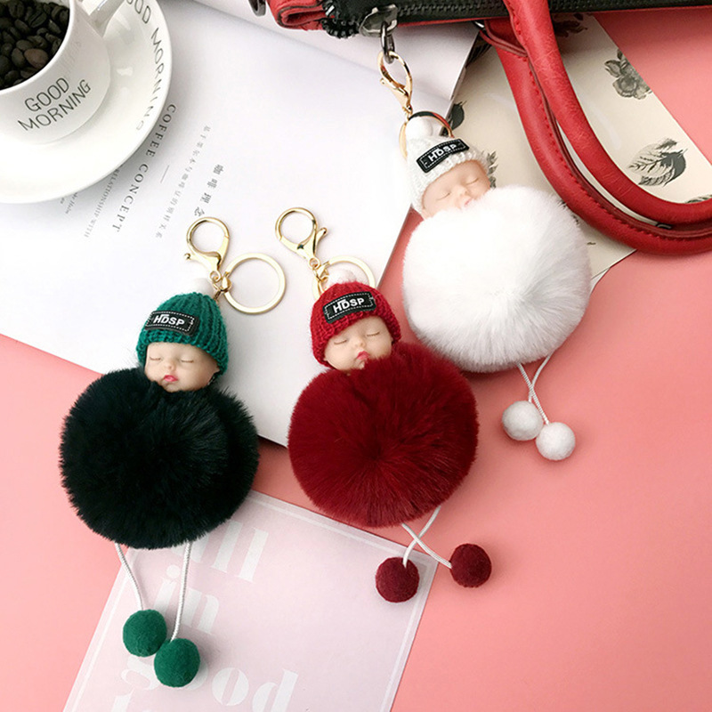 Cute Cartoon Woolen Cap Cute Sleeping Doll Keychain Furry Toy Bag Package Pendant Wedding Gift Wedding Keychain