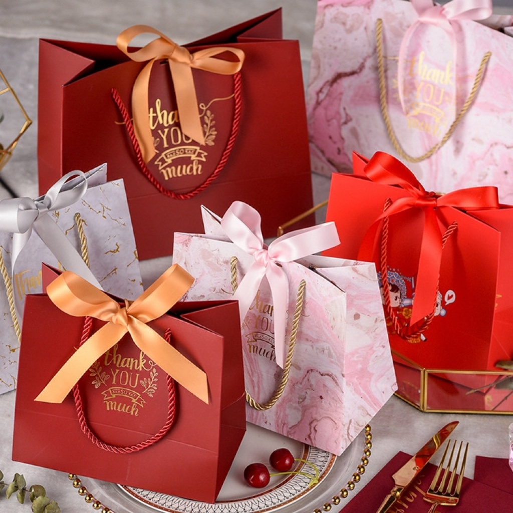 Portable Gift Bag European-Style Net Red Ribbon Gift Bag Custom Gilding Gift Paper Bag Wedding Wedding Bag