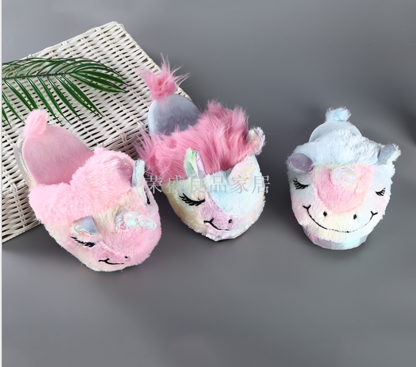 Foreign trade colorful silver horn unicorn lovely girl heart ice cream pink plush home cotton shoes